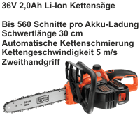 Um mehr zu Für Kleingärtner     36V 2,0Ah Li-Ion Kettensäge zu erfahren, hier anklicken.